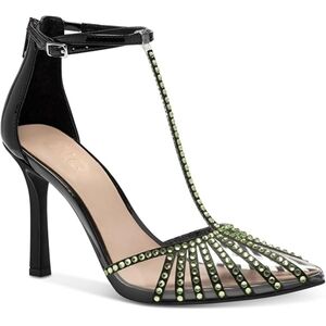 INC Womens Black T-Strap Rhinestone Buckle Accent Heels
